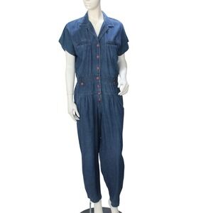 Vintage CHAUS Denim Jumpsuit Size 14 Button Front Elastic Waist Cotton